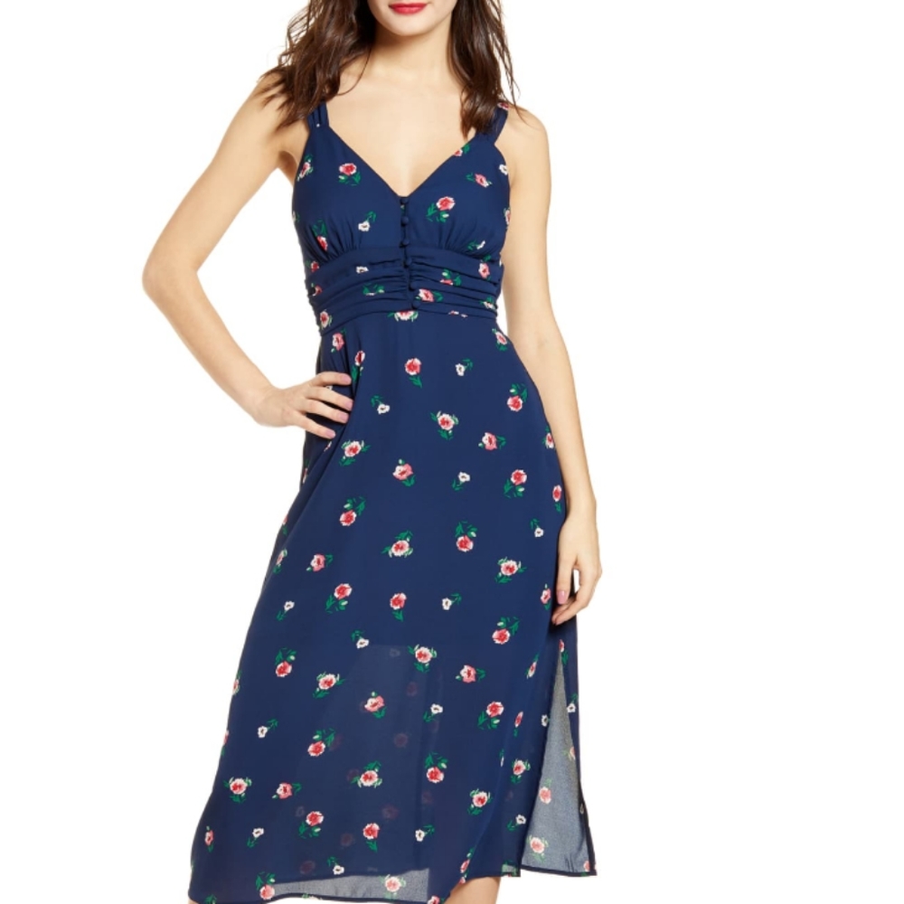 Gathered Waist Button Front Crepe floral Dress
